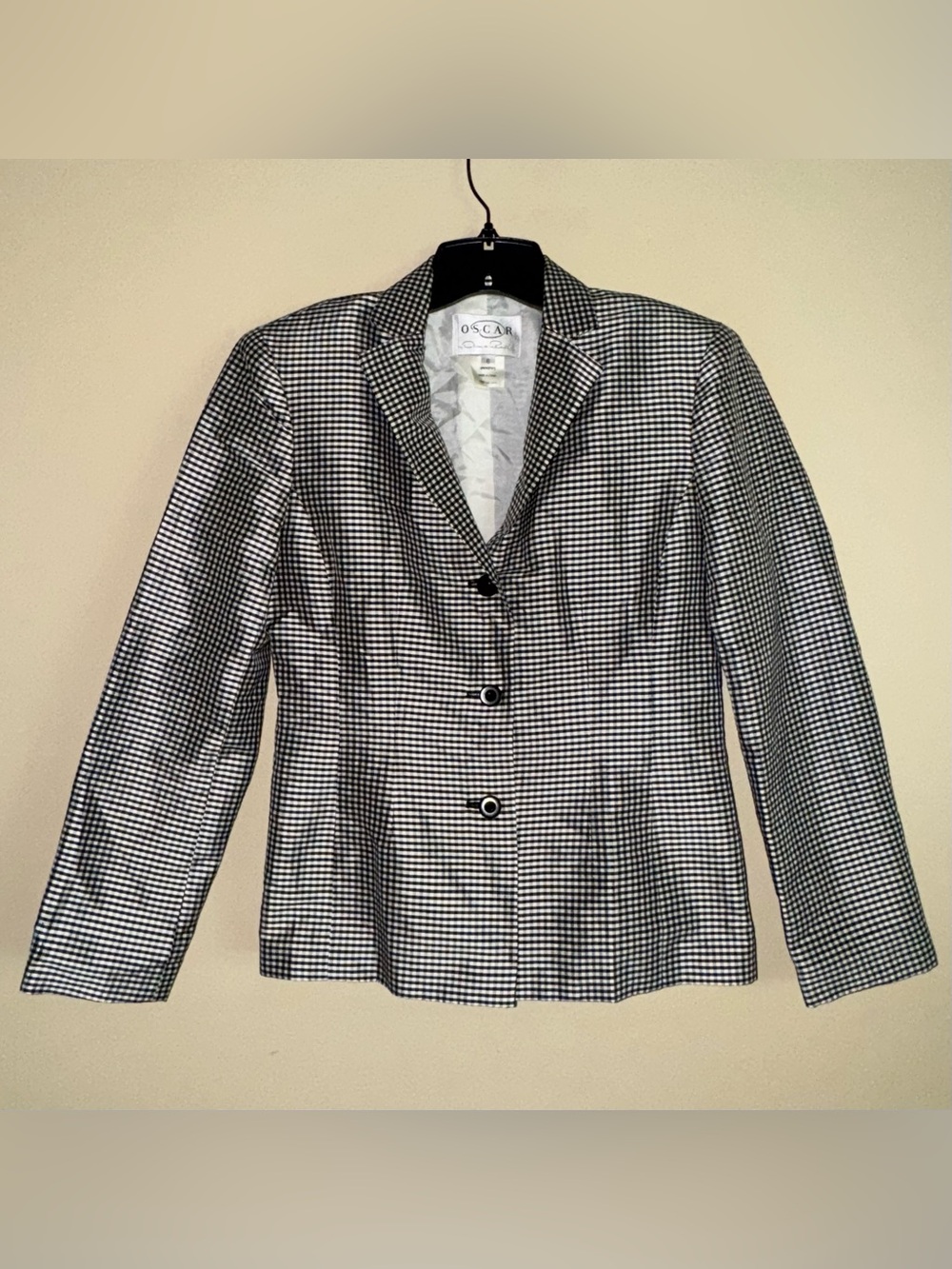 Vintage Oscar De La Renta Black White Gingham 100% Silk Blazer Jacket Size 6